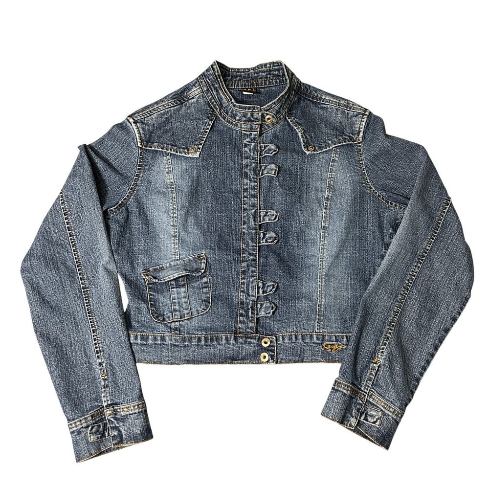 Vintage FUBU The Collection Cropped Denim Jacket Womens XL Blue Ruffle Front